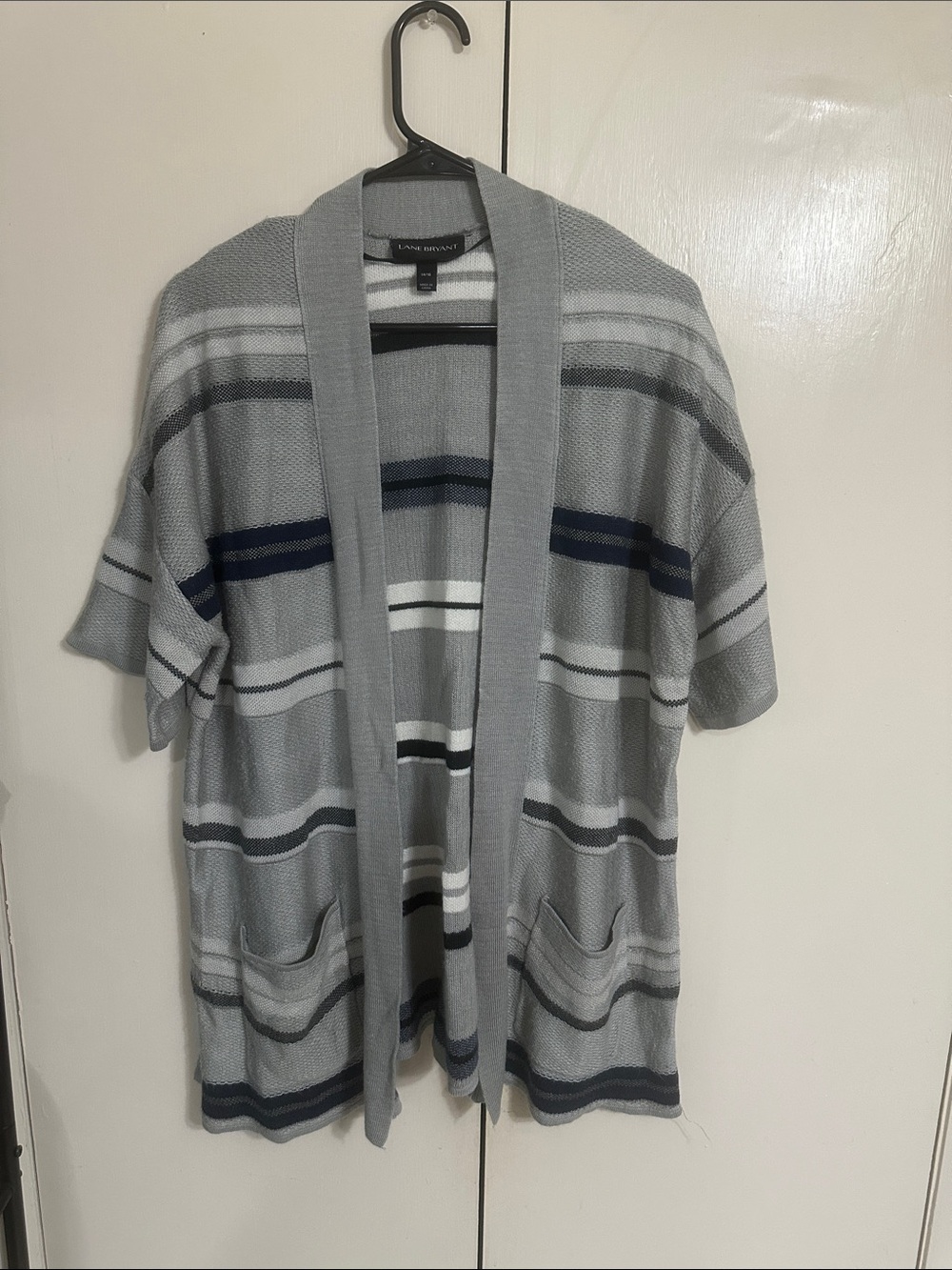 Lane Bryant Gray, Navy and White Short-Sleeve Striped Open Cardigan